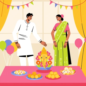 A Maharashtrian couple is celebrating "Ganesh Chaturthi" in a vibrant room adorned with colorful decorations. The man is wearing a traditional white kurta and dhoti, while the woman is dressed in a bright green saree with intricate gold patterns. In front of them, there is a beautifully decorated idol of "Lord Ganesha" with elaborate floral arrangements and colorful lights. The table is filled with a variety of "modaks" and other sweets, each creatively arranged on decorative plates. The atmosphere is festive, with streamers and balloons adding to the celebration.