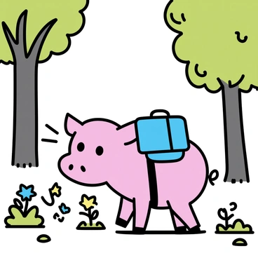 A curious pink pig with large expressive eyes is wandering through a lush green forest. The pig is wearing a small blue backpack secured with straps. Surrounding the pig are tall trees with thick trunks and a canopy of vibrant green leaves. Sunlight filters through the branches, casting dappled light on the forest floor, which is covered in soft moss and colorful wildflowers. The pig is sniffing the ground, intrigued by various plants and small creatures, embodying a sense of adventure.