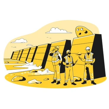 A group of engineers examining a series of sea walls along the coast. The engineers are dressed in safety gear, including helmets and reflective vests. They are using measuring tools and taking notes as they inspect the barriers. In the background, the ocean waves are crashing against the sturdy walls. Various coastal features like rocks and sand are visible along the shoreline. The sky is partially cloudy, providing a dramatic backdrop for the scene.