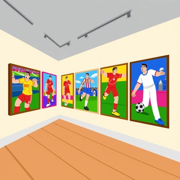 A gallery interior filled with vibrant anime-style fan art depicting "Cristiano Ronaldo" in various dynamic poses and artistic interpretations. The walls are lined with colorful framed illustrations showcasing "Cristiano Ronaldo" dribbling the ball, celebrating a goal, and striking powerful poses. Each artwork features exaggerated facial expressions and action lines, highlighting his athleticism. Some pieces include a background of cheering fans, while others focus solely on the character. The gallery has polished wooden floors and bright, spot-lit sections that draw attention to each artwork.