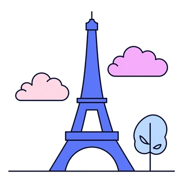 A minimalistic cartoon illustration of a famous landmark, such as the Eiffel Tower, depicted with bold geometric shapes and vibrant colors. The tower is shown in a simplified form, with straight lines and angular details, set against a plain background. Surrounding the tower are stylized clouds in soft pastel colors, creating a playful atmosphere. In the foreground, a small tree with rounded leaves adds a touch of nature, completing the scene.