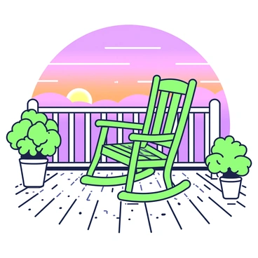 A wooden rocking chair is positioned on a porch, facing an expansive view of the horizon. The chair has a traditional design, featuring curved rockers and slatted backrest. In the background, a vibrant sunset paints the sky with orange and purple hues, blending seamlessly as the sun dips below the horizon. The porch floor is made of weathered wooden planks that complement the rustic charm of the rocking chair. Potted plants with lush green foliage are placed on either side of the chair, adding an element of nature to the scene. Shadows are cast on the porch from the railing, enhancing the overall composition.
