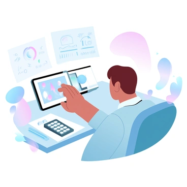 A digital artist is sitting at a desk, focused on their work. They have a tablet in front of them, displaying a colorful illustration. On one side of the desk, there is a calculator resting next to a pricing sheet that has various numbers and charts. The workspace is organized with art supplies and sketches scattered around, contributing to a creative atmosphere. The overall color palette consists of gradient pastel colors that fill the scene.