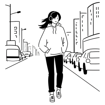 A girl walking down a city street, wearing a trendy urban outfit that includes a loose-fitting hoodie and stylish sneakers. She has headphones on, with the wires hanging down alongside her shoulders. Her hair is styled in a casual manner, flowing freely as she walks. The buildings rise tall on either side, with various urban elements such as streetlights and parked cars lining the road. A light breeze is indicated by the slight flutter of her outfit.