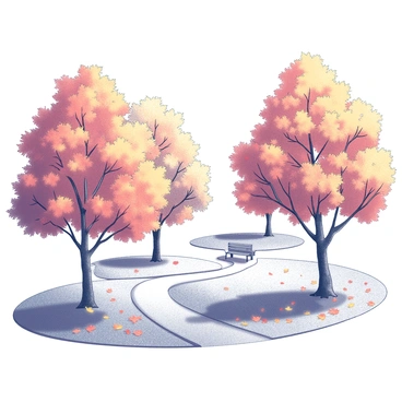A park with a variety of trees, their leaves displaying vibrant shades of orange and red. The ground is covered with fallen leaves, creating a carpet of color. The trees are tall and have a textured bark, some with gnarled branches. Soft afternoon light filters through the branches, casting gentle shadows on the ground. The scene includes a winding pathway that meanders through the trees, inviting visitors to take a stroll. A park bench is positioned along the path, surrounded by the colorful foliage.