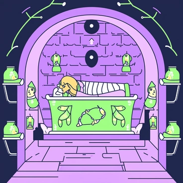 The interior of an ancient tomb with a mummified pharaoh lying in a decorated sarcophagus