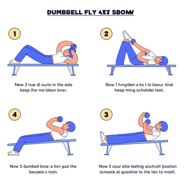 A visual guide depicting the dumbbell fly exercise with clear numbered instructions. The first image shows a person lying on a flat bench, holding a dumbbell in each hand with arms extended straight above the chest. The second image illustrates the person lowering the dumbbells out to the sides, keeping a slight bend in the elbows. The third image captures the moment when the dumbbells are at shoulder level, demonstrating proper form. The fourth image shows the person bringing the dumbbells back to the starting position, squeezing the chest muscles. Each image is labeled with its corresponding step number.