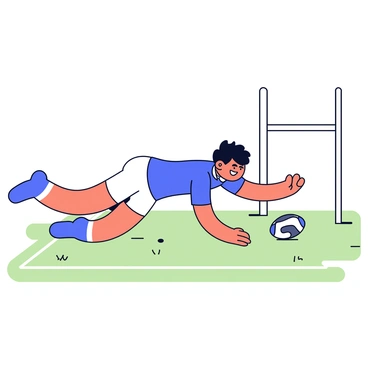 A rugby player wearing a blue jersey and white shorts is diving towards the ground. The player has short black hair and a focused expression on their face. In their right hand, they are extending the ball forward, aiming for the goal line. The grass field is visible beneath them, showing signs of wear from the match. The goal posts can be seen in the background, adding context to the scoring attempt.