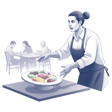 A plate sliding off a table, caught just in time by a surprised server.