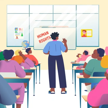 A diverse classroom is filled with students of various ethnic backgrounds, seated at individual desks. In the center, a teacher with medium brown skin and curly black hair stands in front of a whiteboard. The teacher is wearing a blue blouse and black pants while passionately explaining "human rights" to the attentive students. The students are listening intently, with expressions of curiosity and engagement, some taking notes in notebooks. Wall posters depict illustrations related to human rights, and there is a globe on the teacher's desk. Sunlight filters through large windows, casting a soft glow across the room.