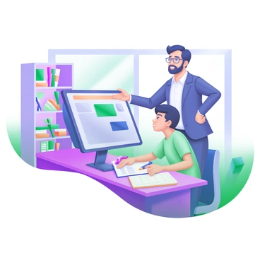 A modern pastel illustration of an office setting. In the foreground, an experienced professional is seen pointing to a computer screen while standing next to a young intern, who is sitting at a desk with a notebook open. The professional has a confident expression and is wearing a smart business outfit. The intern looks engaged and attentive, with a pen in hand, ready to take notes. In the background, shelves filled with books and office supplies can be seen, along with a large window letting in natural light.