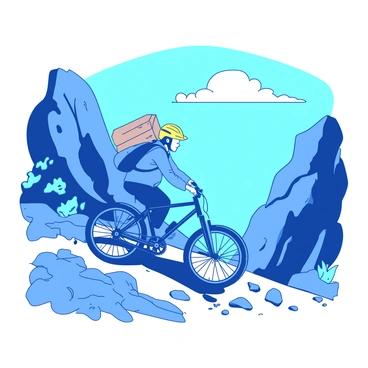 A blue courier wearing a bright yellow helmet is riding a mountain bike along a rugged rocky trail. The bike's tires are kicking up small stones as it navigates the uneven terrain. In the courier's backpack, there is a brown parcel secured tightly. The surrounding landscape features steep rocky cliffs and patches of green foliage. The sky above is clear with a few fluffy white clouds.