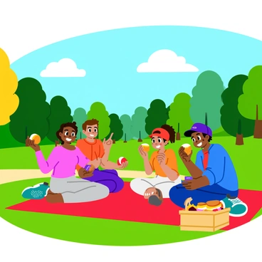 A collection of friends joyfully holding "Poké Balls" in their hands. They are seated on a bright red picnic blanket spread out on the green grass of a park. Each friend displays a wide smile, showcasing their playful excitement. The sky above is clear with a few fluffy white clouds, and a variety of colorful trees can be seen in the background. A picnic basket lies nearby, overflowing with sandwiches and fruits. Sunlight filters through the leaves, casting soft shadows on the blanket.