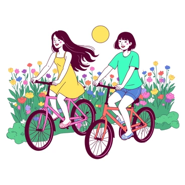 Two figures are riding bicycles through a vibrant field filled with blooming wildflowers. One figure, "Kaede," has long flowing hair and is wearing a bright yellow sundress. The other figure, "Suzu," has a short bob haircut and is dressed in a teal shirt and denim shorts. Both are smiling and enjoying the ride. The wildflowers are a mix of colors, creating a colorful landscape around them. The sun is shining, illuminating the scene with a warm, cheerful glow. Their bicycles are modern and stylish, with colorful frames that complement the natural beauty of the surroundings.