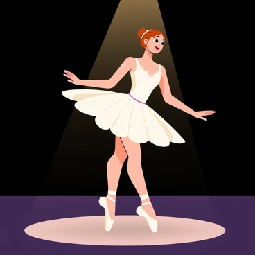 A graceful ballerina mid-pirouette on a stage. She has a white tutu adorned with sparkling sequins and her hair is elegantly tied in a neat bun. The spotlight casts a soft, warm glow on her, highlighting her delicate features and the flowing fabric of her costume. The stage floor is polished and reflects her poised figure. The background is dark, allowing the ballerina to be the focal point of the scene.