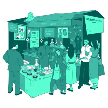 A teal market is bustling with activity, filled with various stalls selling "enchanted items" and "potions." Each stall is adorned with colorful banners and glowing lights. People of diverse appearances are browsing the merchandise, with some examining "glowing potions" displayed in intricate glass bottles. Vendors are enthusiastically showcasing their unique wares, including "mystical trinkets" and "spell books." The atmosphere is lively, with the sounds of chatter and laughter filling the air. In the background, a "mysterious figure" is seen quietly observing the market scene.