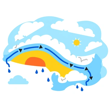 A weather map featuring a cold front as a prominent blue line with triangular symbols pointing towards warmer air. The cold front is depicted moving across various regions, illustrated with light blue and white shading to represent cooler temperatures. Surrounding the cold front, there are areas marked in yellow and orange to indicate warmer temperatures. Clouds and precipitation areas are shown as fluffy white shapes, with rain droplets illustrated in darker blue shades falling in certain regions. The map includes labels for different geographical areas, each with a distinct color scheme to enhance visibility.