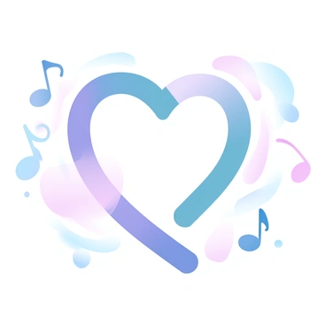 A large musical note shaped like a heart is positioned in the center of the image. The heart-shaped musical note is rendered in vibrant colors. Surrounding the heart note are smaller, floating musical notes in various pastel shades, creating a lively scene. The background is softly blended with gradient pastel colors to enhance the visual appeal.