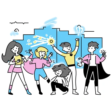 A group of superheroes, each with distinct appearances and outfits, is posing together in a dynamic cityscape. One superhero, a woman with long flowing hair, is emitting a bright light from her hands. A man with a muscular build and a cape is standing confidently with lightning crackling around him. Another hero, with futuristic armor, is raising a holographic device. A character with animal features is crouched low, ready to leap. In the background, skyscrapers rise under a blue sky, and clouds drift lazily. The scene captures the energy and diversity of the heroes and their powers.