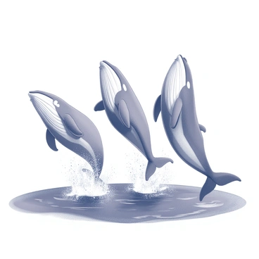 A group of whales is leaping out of the ocean, their bodies arcing through the air in a synchronized manner. The water is splashing as they breach the surface, creating white foam around them. Each whale exhibits a powerful form, with streamlined bodies and large fins, showcasing their size and strength. The ocean below reflects the movement, with waves rising and falling around the whales. The scene conveys a sense of harmony and fluidity as the whales perform their dance against the backdrop of the sea.