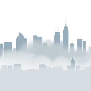 A city skyline is shrouded in thick smog, creating a hazy atmosphere. Only the tops of the skyscrapers are visible, towering above the dense fog. The skyscrapers are silhouetted against a muted gray sky, with varying heights and architectural designs. Some skyscrapers have antennas or decorative elements on their rooftops, while others are angular and sleek. In the foreground, faint outlines of buildings can be seen emerging from the smog, adding depth to the scene. The overall color palette consists of various shades of gray, suggesting a cloudy and overcast environment.