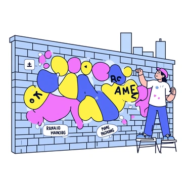 An urban artist is painting a large mural on a weathered brick wall. The mural features an array of colorful geometric shapes and abstract forms that fill the surface with vibrant hues. Various messages in bold letters are integrated into the design, adding an expressive touch to the artwork. The artist is standing on a small ladder, holding a paintbrush, with paint splatters on their clothing. In the background, the city skyline is faintly visible.