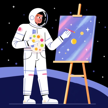 An astronaut wearing a white space suit is floating in a vast expanse of space. The astronaut is holding a palette and a brush, with colorful paints dripped on the palette. In front of the astronaut, a large canvas is suspended, depicting a vibrant and swirling distant galaxy with shades of blue, purple, and pink. Stars and small planets can be seen scattered throughout the background. The sunlight is glinting off the space suit, creating highlights against the dark backdrop of space. The astronaut appears focused, with a determined expression, as they carefully paint the details of the galaxy.