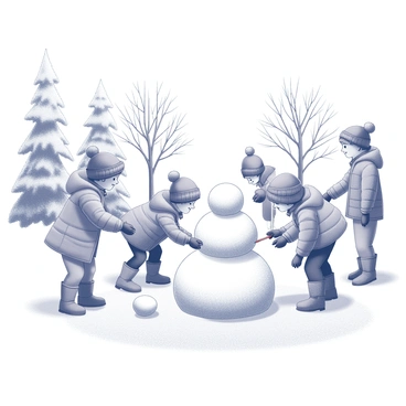 A snowy park scene with several children engaged in building a snowman. One child is rolling a large snowball on the ground to form the base of the snowman. Another child is placing a smaller snowball on top to create the head. The children are wearing winter clothing, including hats and gloves. Surrounding them are tall frosted trees, their branches heavy with snow. The ground is covered in a thick layer of snow, creating a winter wonderland atmosphere.