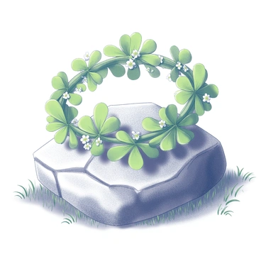 A handmade crown woven from clover leaves and small white flowers. The crown is resting on a weathered rock with rough texture. The leaves are vibrant and lush, intricately interlaced to form a circular shape. The flowers are delicately positioned among the greenery, adding detail to the crown. The rock is sitting in a natural setting, with patches of grass around it, suggesting a serene outdoor environment.