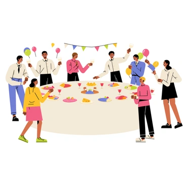 People dancing joyfully around a table filled with wine and food at a wedding.