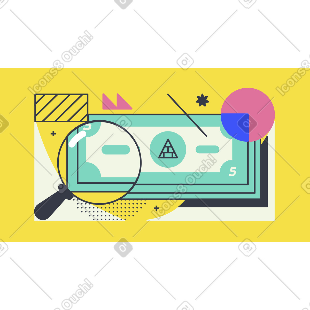 Examining banknote with magnifier for expense tracking animated illustration in GIF, Lottie (JSON), AE
