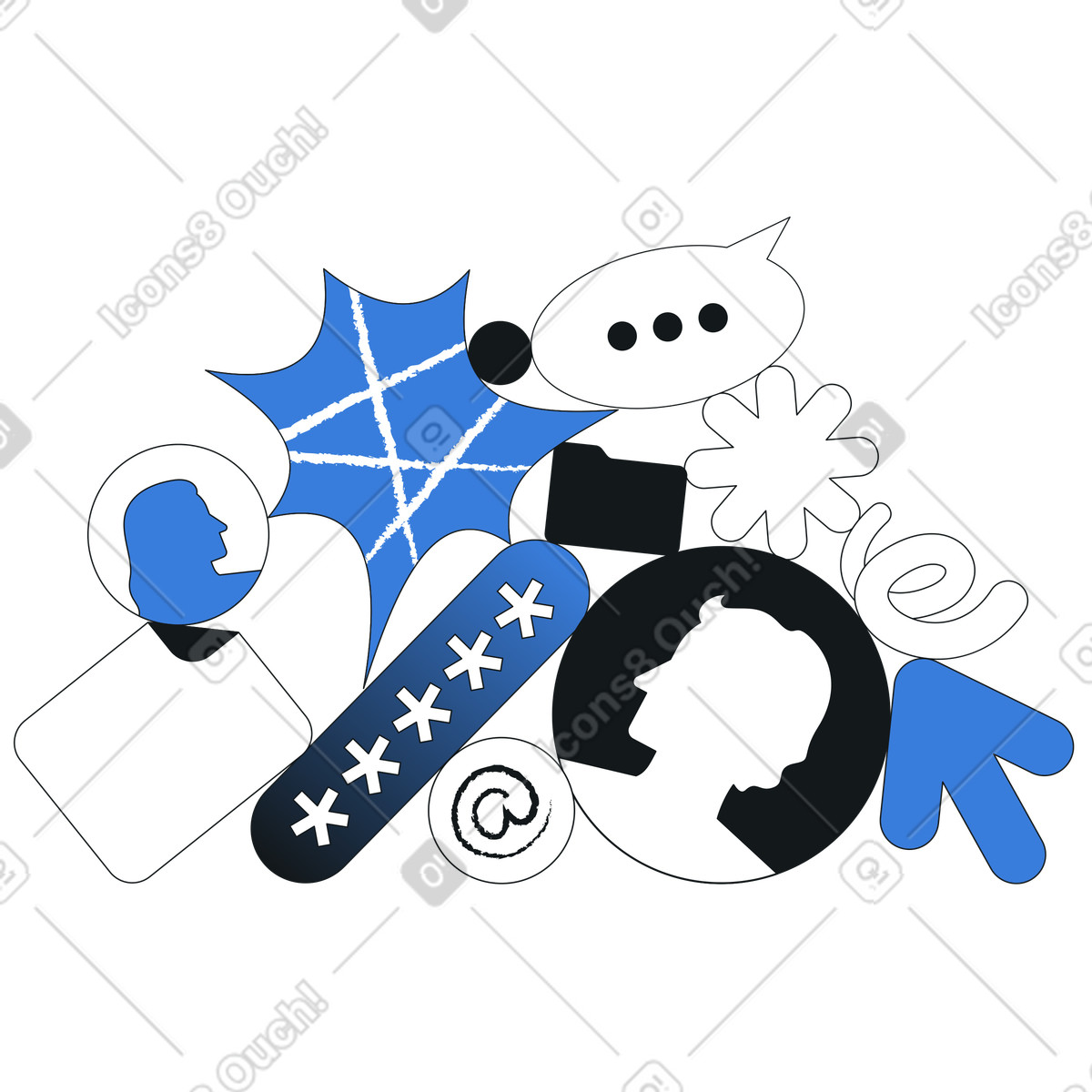 Ilustración Collage de iconos abstractos con imágenes perfil y contraseña, inicio sesión cuenta acceso a datos personales en estilo Midnight descargar en PNG SVG