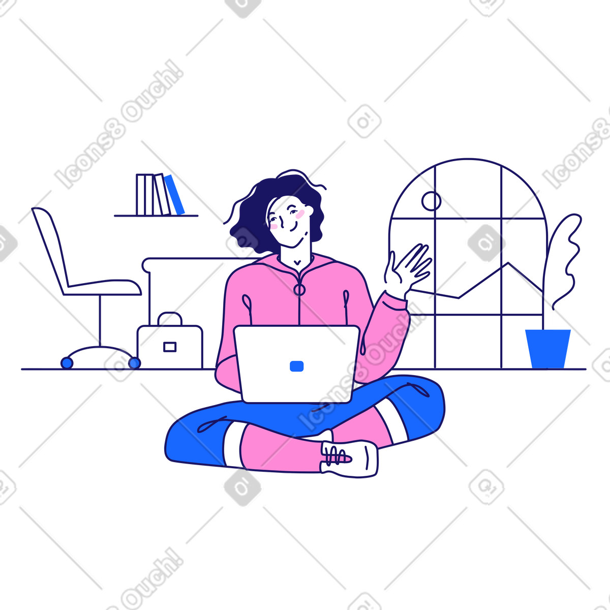 Donna con il computer portatile che saluta illustrazione in stile Matey scarica in PNG, SVG
