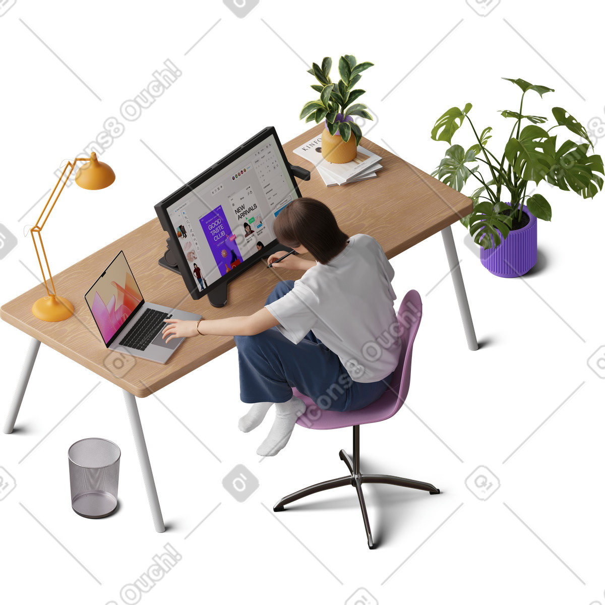 Illustration Isometric view of young woman working on graphic tablet dans le style 3D Hygge à télécharger aux formats PNG, SVG
