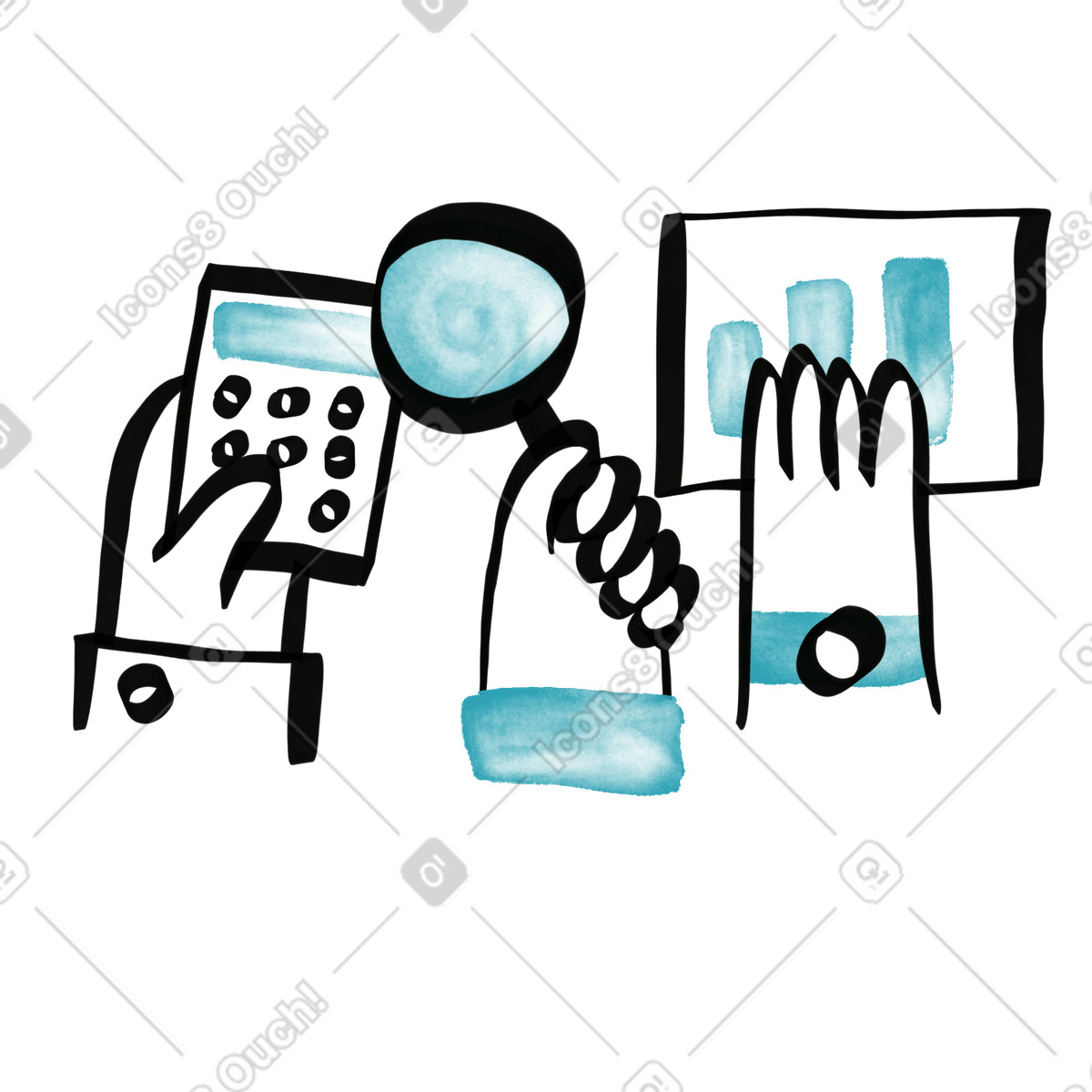 Illustration Calculator hand magnifying glass and chart analyzing data dans le style Watercolor sketch à télécharger aux formats PNG, SVG