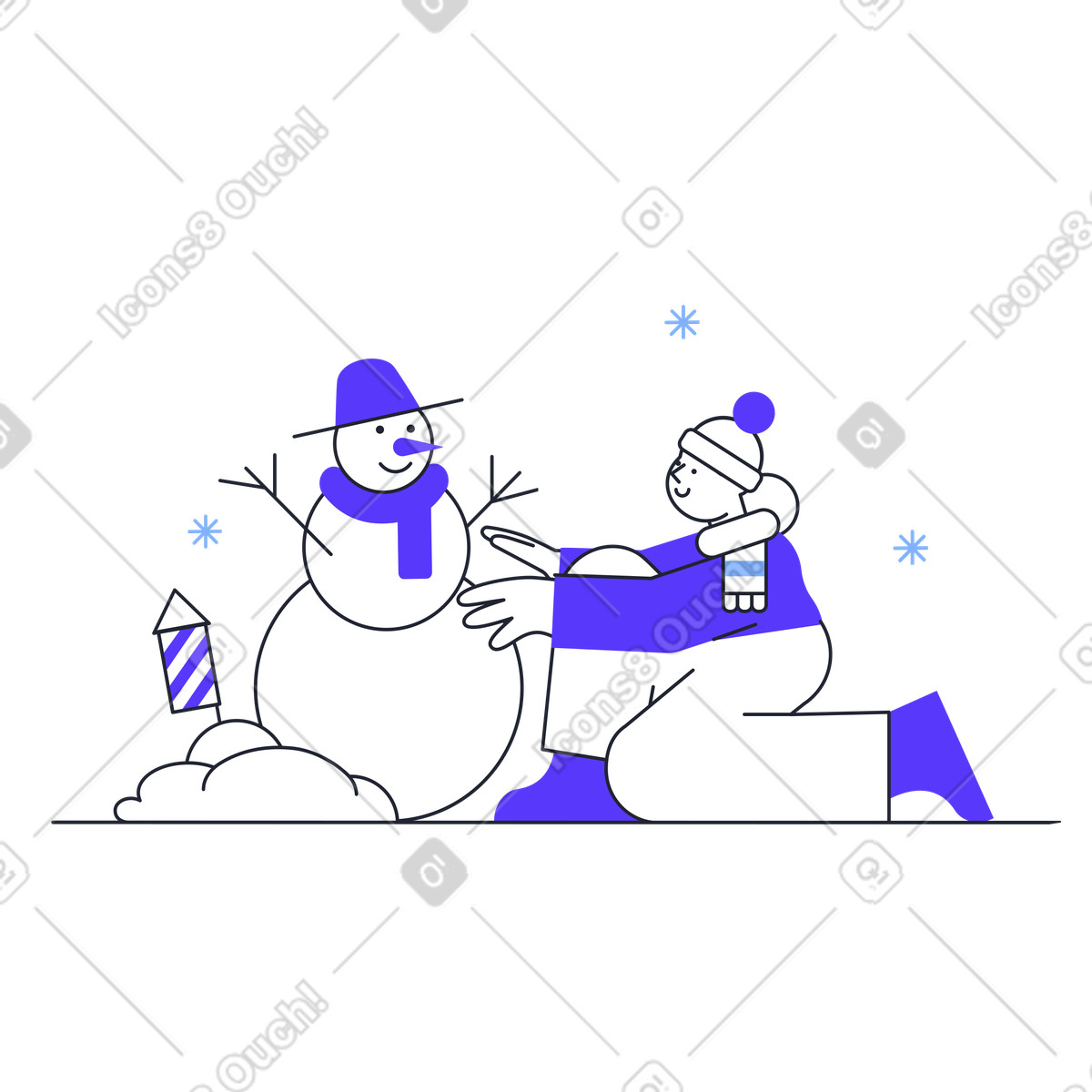 Building a snowman illustration in Pablita style download in PNG, SVG