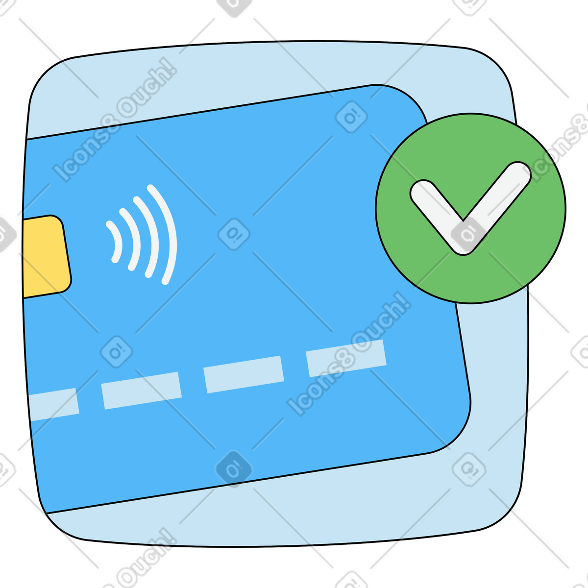 Contactless credit card with check mark, Successful payment confirmation-Illustration im Kindy-Stil als Download in PNG, SVG
