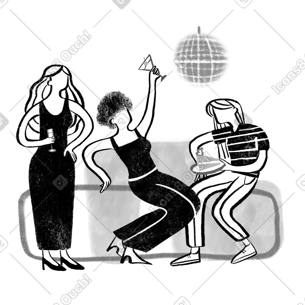 Ilustración Black and white female friends having a party en estilo Company descargar en PNG y SVG