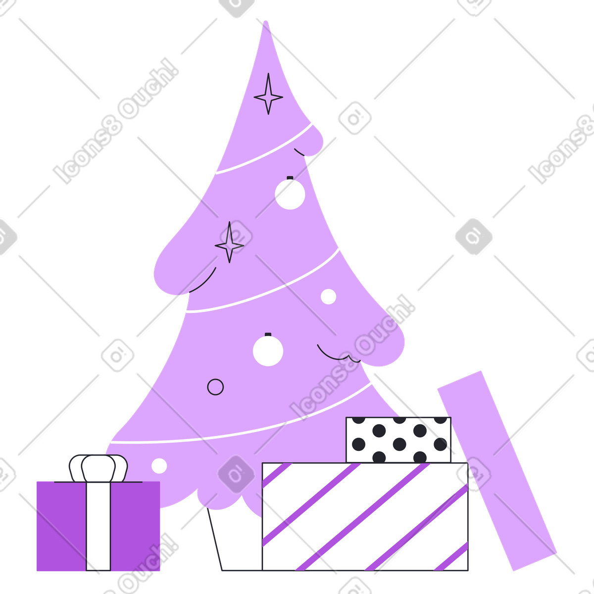 Illustration Christmas tree with ornaments and presents, event or holiday gift-giving dans le style Grapy à télécharger aux formats PNG, SVG