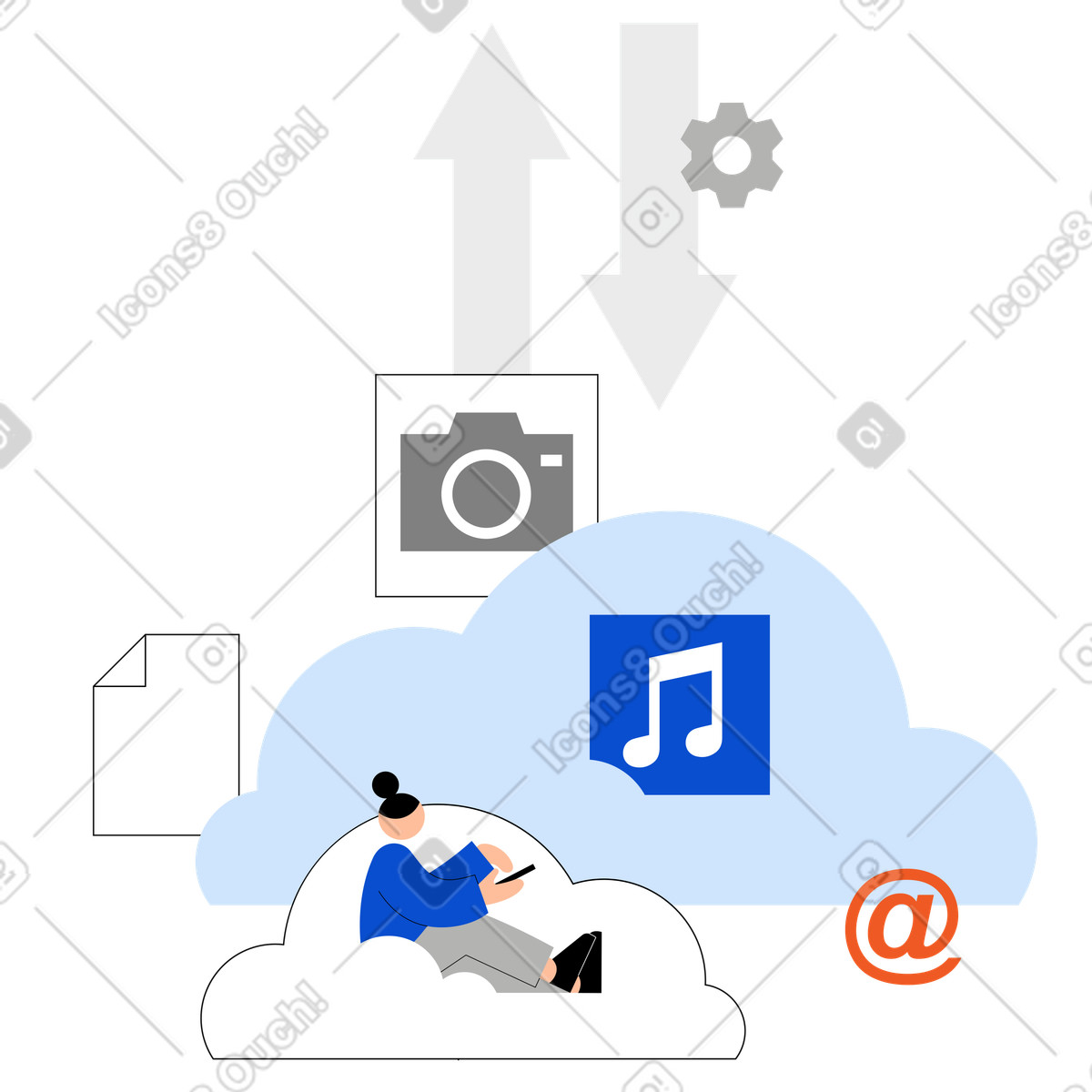Illustration Jeune femme interagissant avec le stockage de données dans style Tiny à télécharger aux formats PNG, SVG