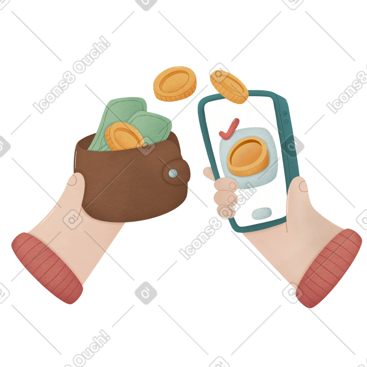 Illustration Online money transfer concept, E-commerce and digital currency dans le style Woolly à télécharger aux formats PNG, SVG