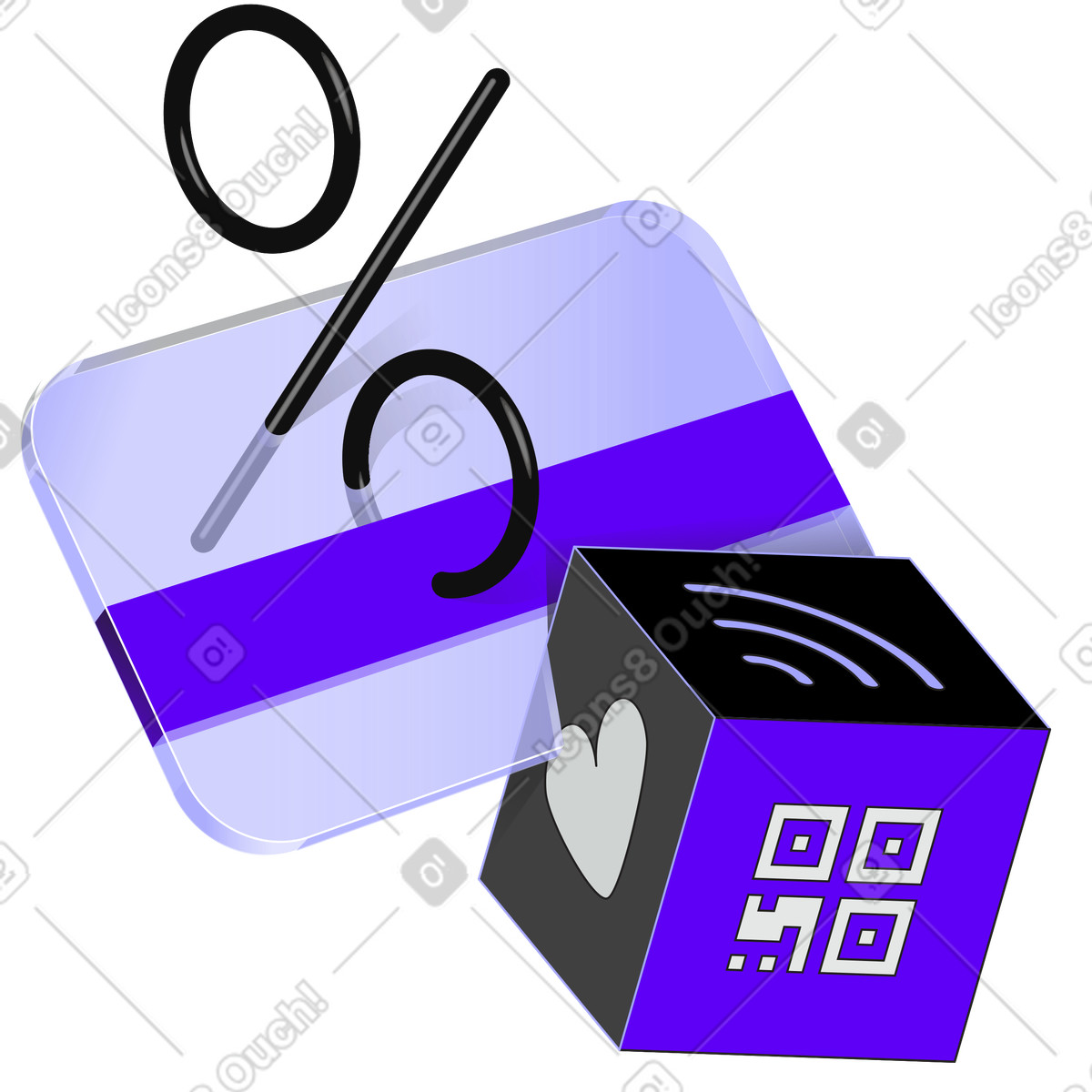 Ilustração de Cartão bancário e cubo com símbolos pagamento on-line em no estilo Incut para baixar em PNG, SVG