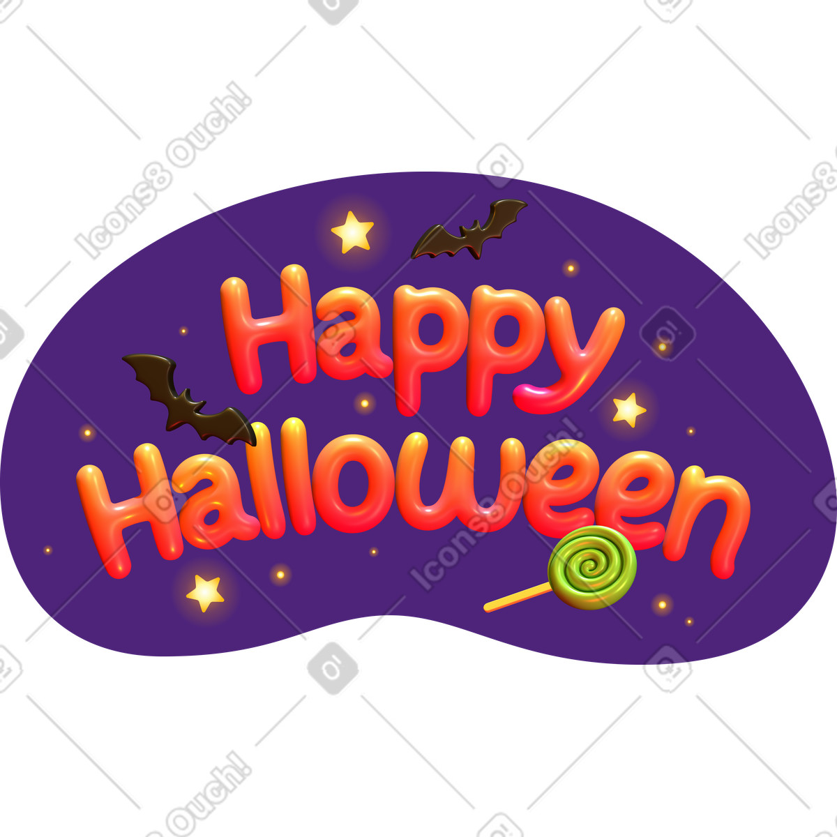 Happy halloween 3d-schriftzug mit fledermäusen und lutscher-Illustration im Lettering-Stil als Download in PNG, SVG