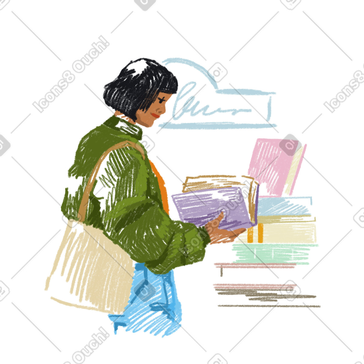 Illustration animée Jeune femme choisissant un livre au magasin dans le style Sketchbook à télécharger aux formats GIF, Lottie (JSON), AE