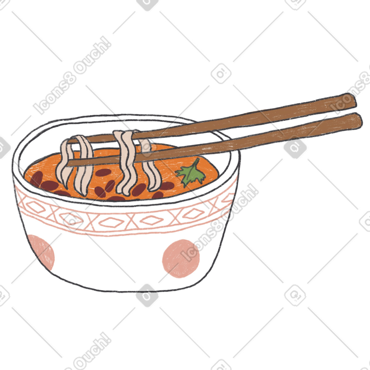 Soup with noodles in a white plate and two sticks illustration Experimental style download PNG, SVG