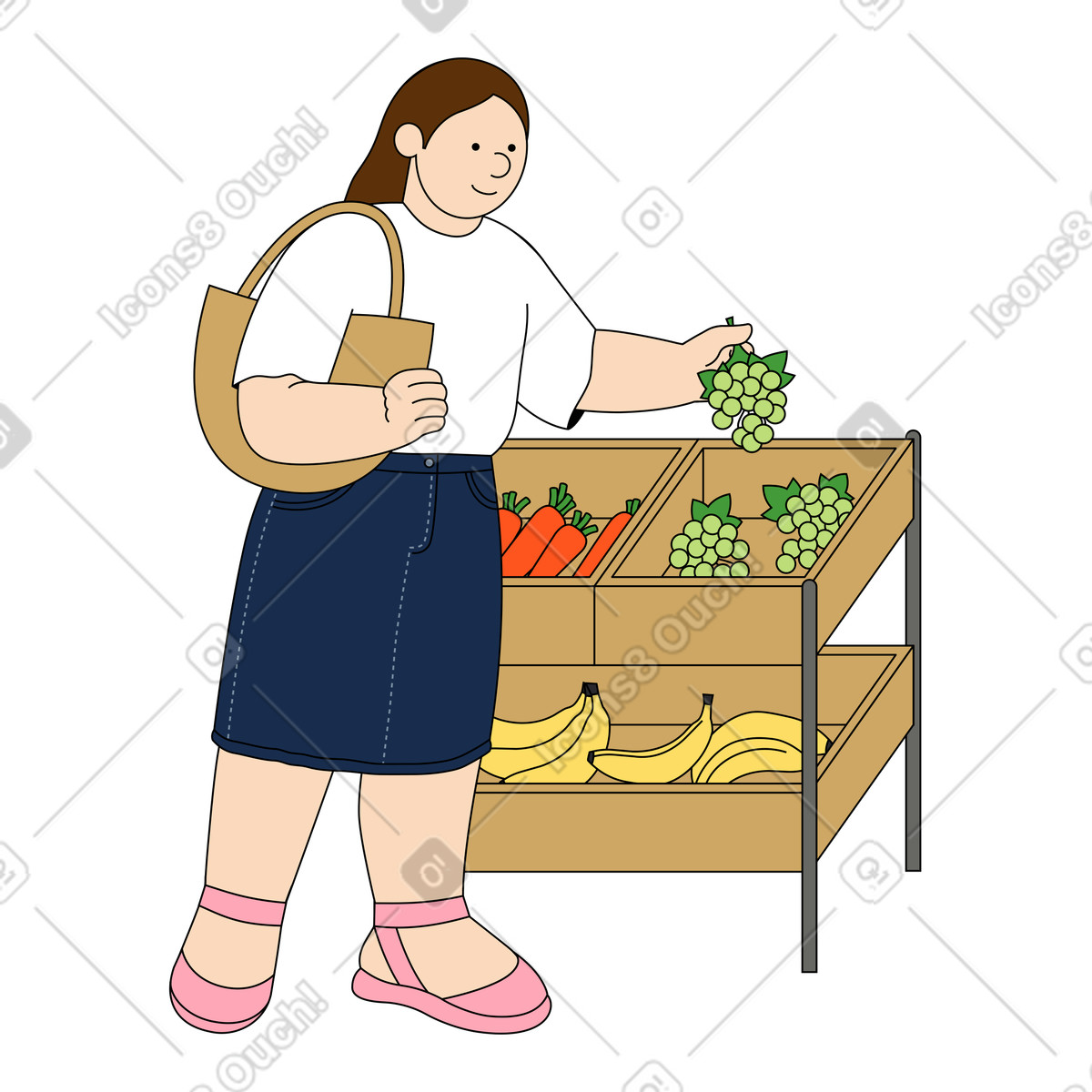 Young woman buying fruit at market illustration in Kindy style download in PNG, SVG