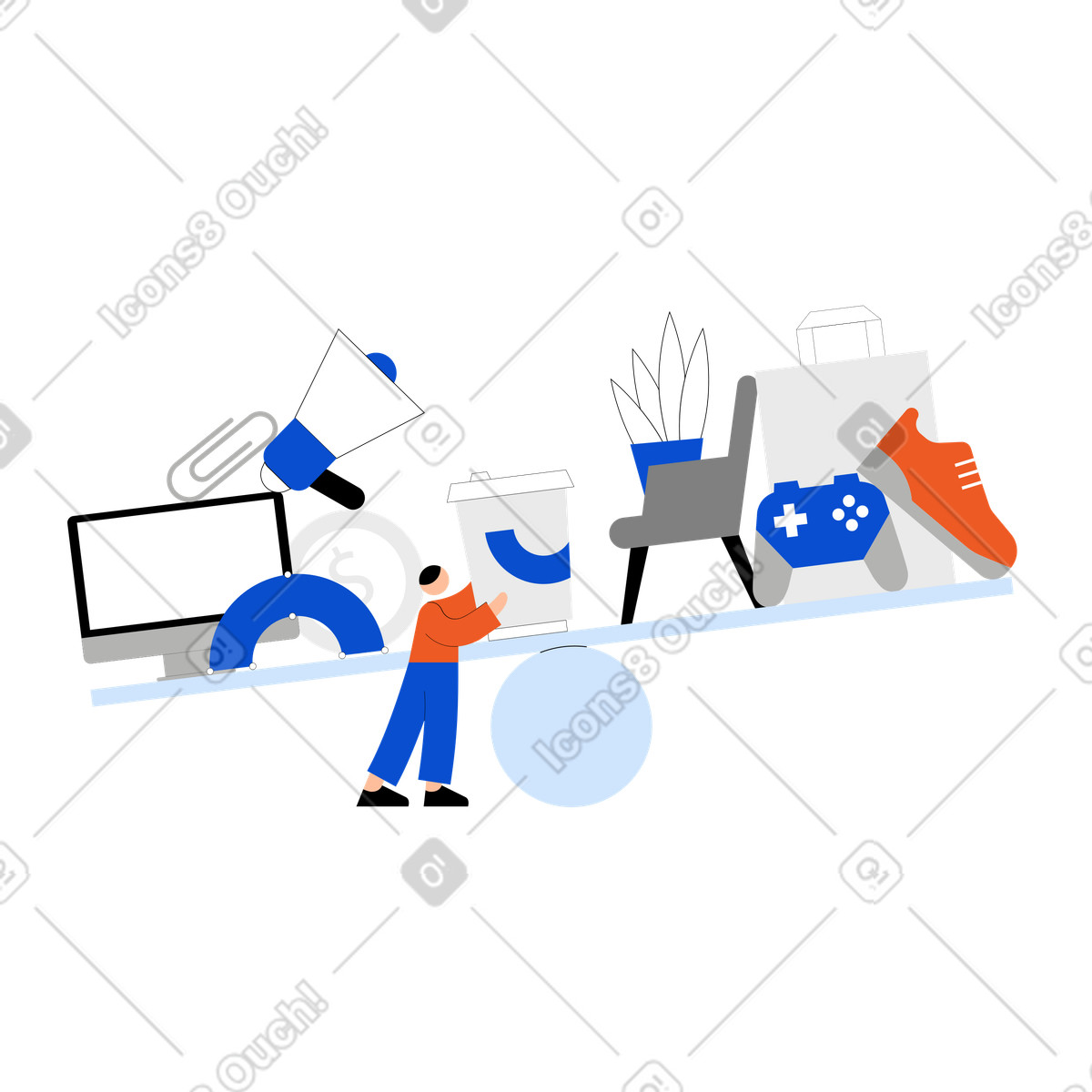 Ilustración animada Hombre manteniendo un equilibrio entre el trabajo y la vida personal en estilo Tiny a descargar en GIF, Lottie (JSON), AE