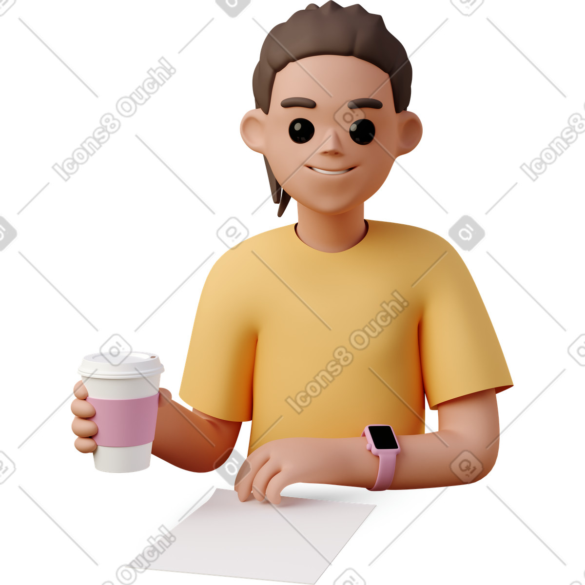 Young woman wearing smart watch and holding coffee cup illustration in 3D Casual life style download in PNG, SVG