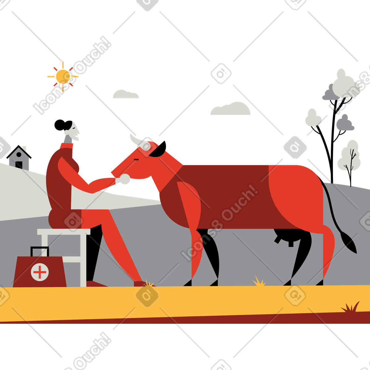 Female veterenarian examining a farm cow illustration in Burgundy style download in PNG, SVG