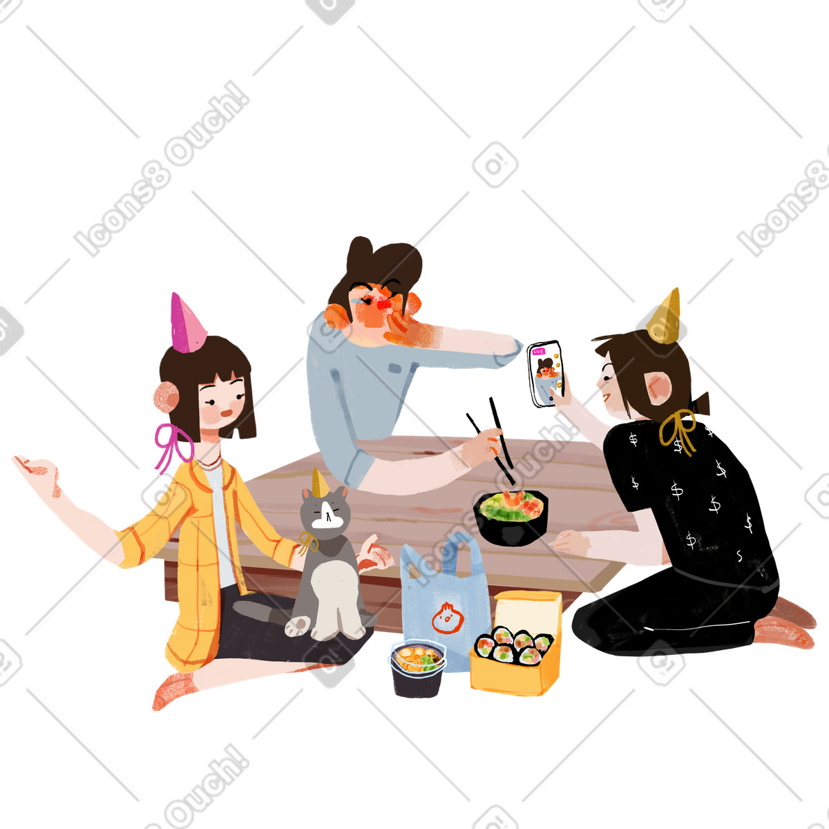 Festa in casa con consegna di cibo illustrazione stile Ikigai scarica PNG, SVG